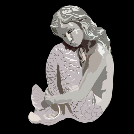 Statue of Mermaid girl with tail on black background.のイラスト素材