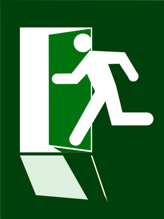 Sign exit human silhouette run within open doore on green background.のイラスト素材