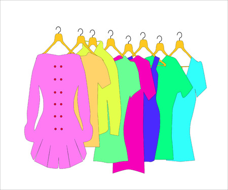 Different clothes on hangers isolated on white background. Flat design vector illustrationのイラスト素材