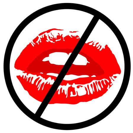 NO lips no kiss sign. Red lipstick kiss with teeth on white background. Realistic vector illustration. Image trace.のイラスト素材