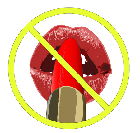 No make up sign. woman's girl fashion red lips makeup. Make-up artist apply bloody lipstick.Close-up of beautiful woman applying lipstick on lips against white backgroundのイラスト素材