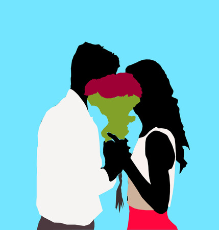Bearded gentleman in tux present bouquet of red roses to his charming cute sexy girl in white red dress on blue background. vectorのイラスト素材