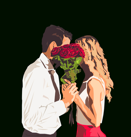 Bearded gentleman in tux present bouquet of red roses to his charming cute sexy girl in white red dress on black background. vectorのイラスト素材