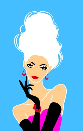 Blond girl with high hear make up on blue background. Model with high hairstyle.のイラスト素材