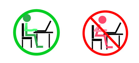 Sign correct wrong siting pose under computer laptop table isolated on white nackground. symbol of sitting position vector illustration.のイラスト素材