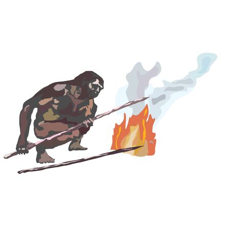 Neanderthals, cavemen, smoking fire, holding spears in their hands.のイラスト素材