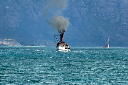 Vintage steamship, Wakatipu lake, Queenstown, New Zealandの写真素材