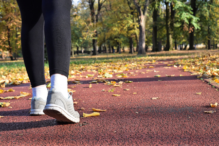 Jogging in the park during fall seasonの写真素材