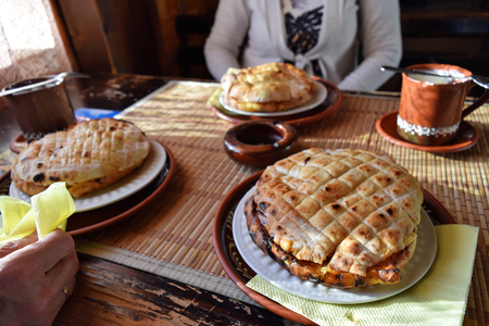 Crusty home baked bun served in a traditional food restaurantの写真素材