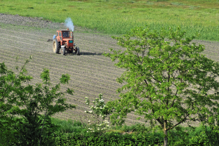 Vintage red tractor working in farmland during springtimeの写真素材