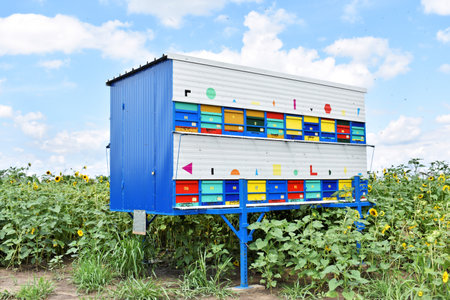 Colorful beehives trailer during the sunflower seasonの写真素材