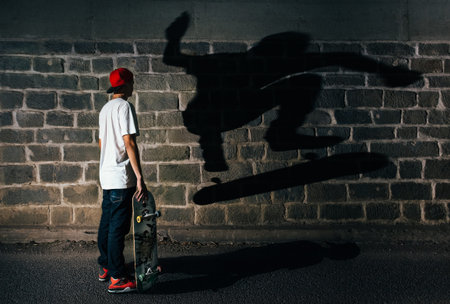 Skateboarder in casual clothes standing on the left side of the picture and observing his own shadow...