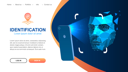 Website page layout. Identification of a person through the system of recognition of a human face. The smartphone scans the persons face. Vector illustration.のイラスト素材