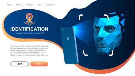 Website page layout. Identification of a person through the system of recognition of a human face. The smartphone scans the persons face. Vector illustration Eps10の写真素材