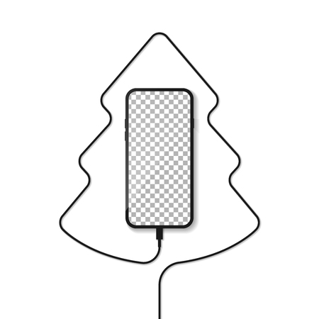 Smartphone. Telephone charger wire in the form of a silhouette of a Christmas tree.のイラスト素材