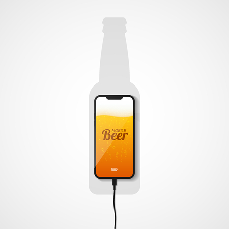 The smartphone lies on the plane connected to the charger. Silhouette of a beer bottle. The phone's screen shows a light beer with bubbles of gas and foam. Vector illustration.のイラスト素材