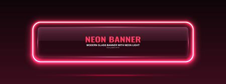 Rectangular glass banner. Transparent billboard with neon lights. Vector illustration.のイラスト素材