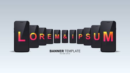 Many smartphones stand in a row on a white background. Banner Template. Vector eps 10.のイラスト素材