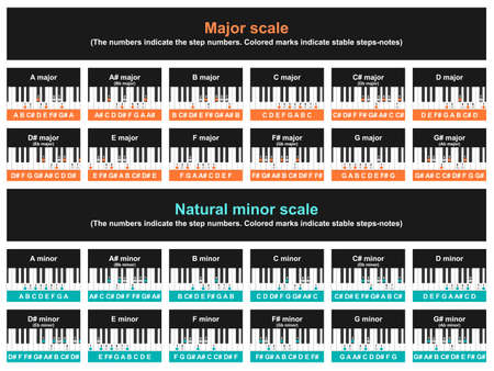 Major and minor scale table. Musical theory of playing the piano. Vectorのイラスト素材