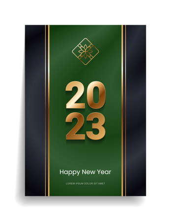 2023 Happy New Year and Merry Christmas. Designer cover with gold elements on a black background for invitation, congratulatory postcard, calendar, parties. Vector.のイラスト素材