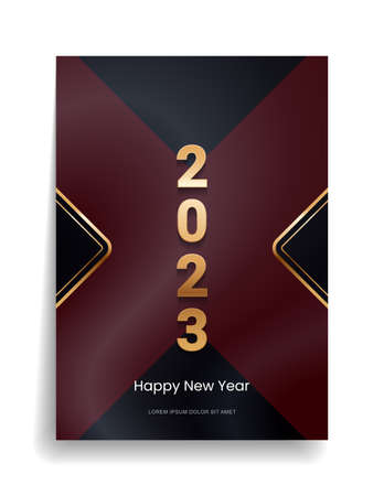 2023 Happy New Year and Merry Christmas. Designer cover with gold elements on a black background for invitation, congratulatory postcard, calendar, parties. Vector.のイラスト素材