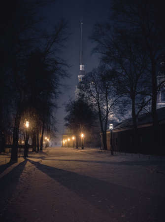 Frost in St. Petersburg. A night city covered with snow.の写真素材
