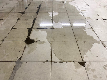 A puddle of water on a tile in the room.Pipe break in production.の写真素材