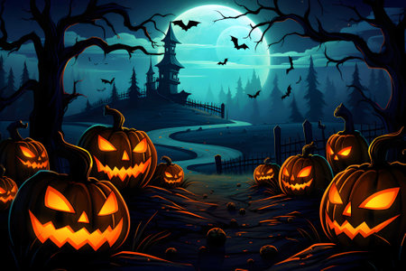 A Halloween vector background with a pumpkin patch bathed in the glow of jack-o'. Ai Generated. NO.03の素材