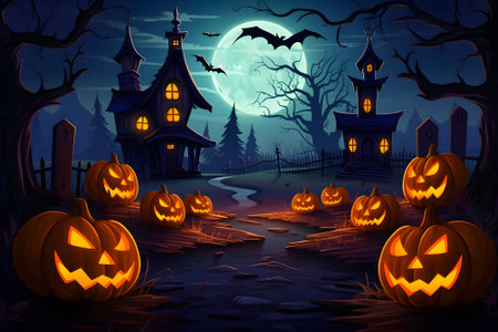 A Halloween vector background with a pumpkin patch bathed in the glow of jack-o'. Ai Generated. NO.04の素材