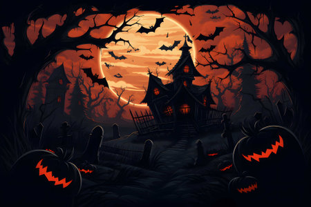 A spooky Halloween vector background set in a haunted house, with cobwebs. Ai Generated. NO.02の素材