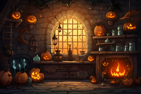 A Halloween vector background portraying a witch's lair with bubbling cauldrons, spellbooks. Ai Generated. NO.01の素材