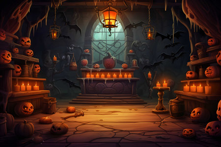 A Halloween vector background portraying a witch's lair with bubbling cauldrons, spellbooks. Ai Generated. NO.03の素材