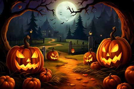 A Halloween vector background with a pumpkin patch bathed in the glow of jack-o'. Ai Generated. NO.01の素材