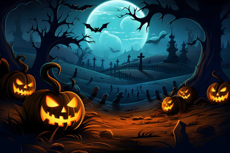 A Halloween vector background with a pumpkin patch bathed in the glow of jack-o'. Ai Generated. NO.03の素材