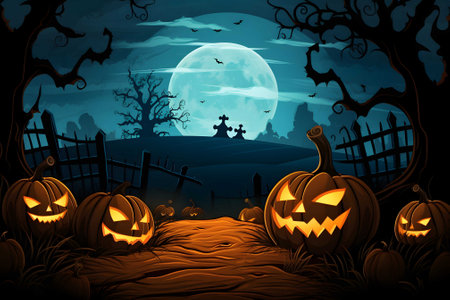A Halloween vector background with a pumpkin patch bathed in the glow of jack-o'. Ai Generated. NO.04の素材