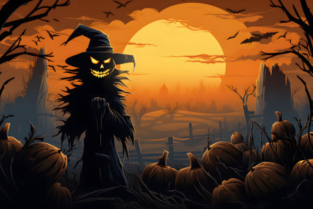 A sinister Halloween vector background with a haunted cornfield, scarecrows. Ai Generated.NO.01の素材