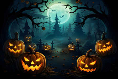 A Halloween vector background with a moonlit pumpkin patch and mischievous ghosts playing among the pumpkins. Ai Generated.NO.01の素材