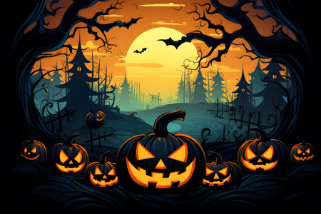 A Halloween vector background with a moonlit pumpkin patch and mischievous ghosts playing among the pumpkins. Ai Generated.NO.02の素材