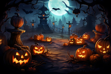A Halloween vector background with a moonlit pumpkin patch and mischievous ghosts playing among the pumpkins. Ai Generated.NO.03の素材