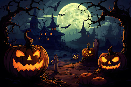 A Halloween vector background with a moonlit pumpkin patch and mischievous ghosts playing among the pumpkins. Ai Generated.NO.04の素材