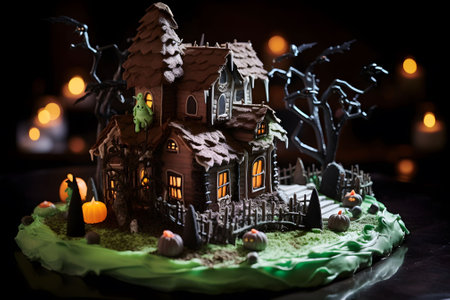 A haunted house-shaped cake with eerie glow-in-the-dark frosting and ghostly marshmallow decorations. Ai Generated.NO.01の素材