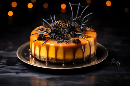 A pumpkin-shaped cheesecake topped with candied spiderwebs and black licorice spiders. Ai Generated.NO.01の素材