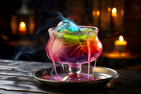 A potion-inspired layered jelly dessert in a bubbling cauldron-shaped glass. Ai Generated.NO.01の素材