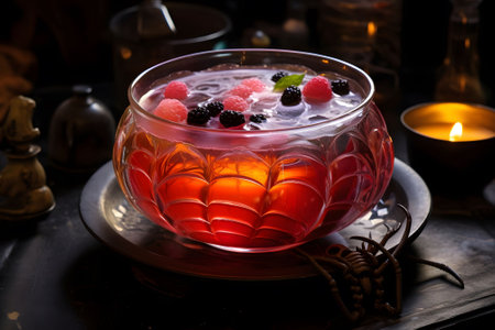 A potion-inspired layered jelly dessert in a bubbling cauldron-shaped glass. Ai Generated.NO.03の素材