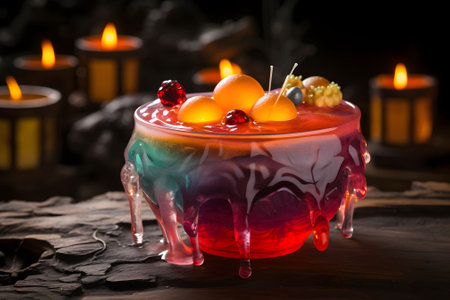 A potion-inspired layered jelly dessert in a bubbling cauldron-shaped glass. Ai Generated.NO.04の素材