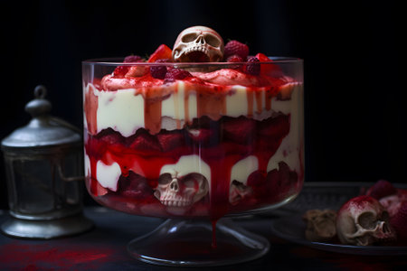 A ghostly white chocolate trifle with layers of red velvet cake and raspberry "blood". Ai Generated.NO.03の素材