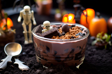 A spooky graveyard-themed Halloween dessert with edible tombstones and gummy worm-infested chocolate pudding. Ai Generated.NO.01の素材