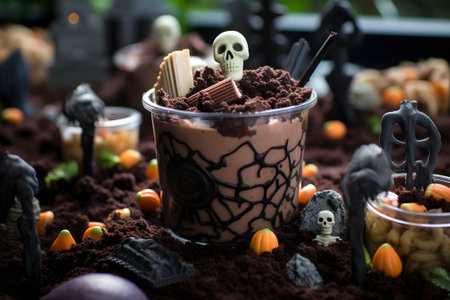 A spooky graveyard-themed Halloween dessert with edible tombstones and gummy worm-infested chocolate pudding. Ai Generated.NO.03の素材
