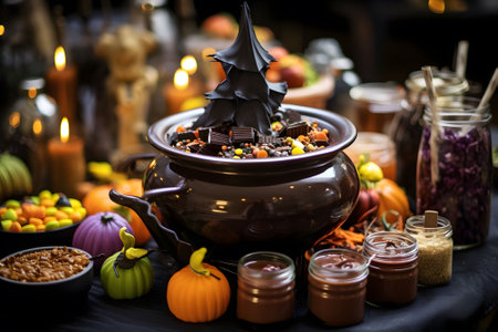 A cauldron-shaped chocolate fondue centerpiece surrounded by candy-filled mini witch hats. Ai Generated.NO.04の素材