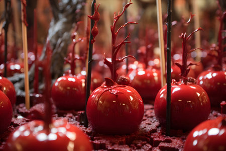 A sinister candy apple forest with blood-red caramel coating and edible leaf decorations. Ai Generated.NO.02の素材